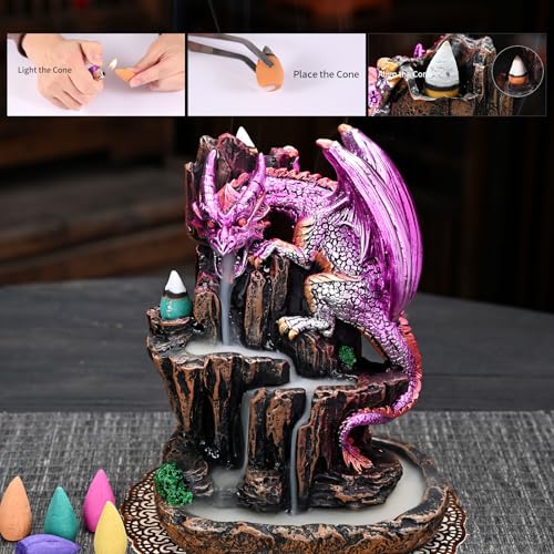 Dragon Backflow 2 Sided Mountain Waterfall Incense Burner,Fountain Smoke Incense Holder with Backflow Incense Cones, Tweezers, Mat，Resin Aromatherapy Meditationvaiuk (Purple)