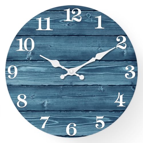 XFM Blue Wall Clock Battery Operated 10 Inch Silent Wood Wall Clocks Country Retro Farmhouse Wall Clock Decorative for Kitchen Living Room Bedroom