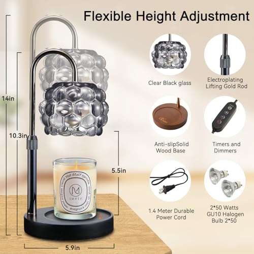 Candle Warmer Lamp with Timer Adjustable - Height Candle Warmer, Dimmer, Black Glass Wax Melting Lamps for Home Decor, for Candles in Jars with 2 Bulbs