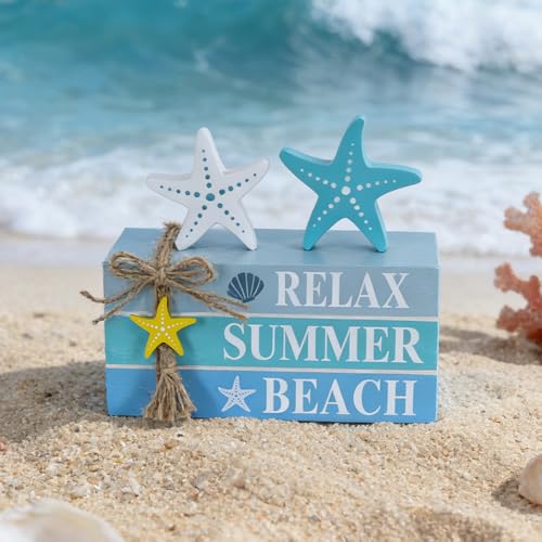 Beach Summer Table Decor, Starfish Wooden Stacked Books Sign for Ocean Tiered Tray Decorations, Coastal Nautical Shelf Table Centerpiece for Home, Room, Mantel, Tabletop, Farmhouse Gift