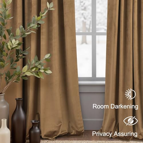 Velvet Curtains 84 Inch Length 2 Panels Set Gold Brown Light Blocking Thermal Insulated Room Darkening Window Drapes Soft Luxury Curtain for Living Room Bedroom Back Tab Pleated Pocket 7ft Long Golden