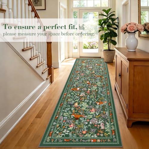 nesrt Fox Runner Rugs for Hallway 3x10ft Non Slip, Washable Long Animal Print Kitchen Rug, Soft Jungle Woodland Runners, Fantasy Floor Carpet for Entryway Doorway Home Decor (Green)
