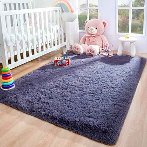Foxmas Soft Fluffy Area Rugs for Bedroom Kids Room Plush Shaggy Nursery Rug Furry Throw Carpets for Boys Girls, College Dorm Fuzzy Rugs Living Room Home Decorate Rug, 3ft x 5ft, Grey Purple