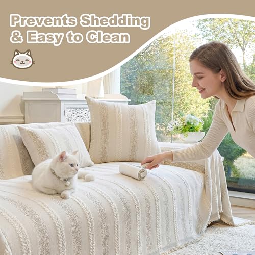 Couch Cover for Dogs Washable Sofa Cover, Sectional Couch Covers, Sofa Covers for 2 Cushion Couch, Non Slip Stripe Sofa Slipcovers Furniture Protector (Beige, 71x102)
