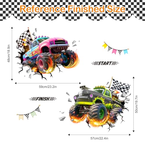 Tanlaby 3D Racing Car Wall Decals Monster Truck Break Through Wall Sticker Peel and Stick Decal for Baby Boys Kids Bedroom Nursery Playroom Decor