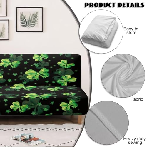 St Patrick's Day Green Leaf Armless Sofa Couch Bed Slipcovers with Elastic Bands Furniture Protector Stretchy Futon Covers Fit for Kids and Pets
