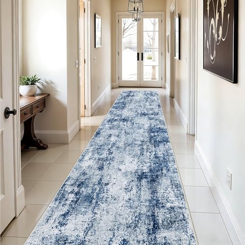 Hallway Runner Rug 2x8 Washable: Entryway Runners Rugs Non Slip Easy-to-Clean - Soft Living Room Bedroom Carpet - Thin Low Pile Printed Floor Mat for Dining Room Blue