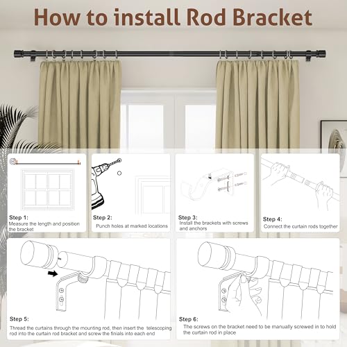 XDW-GIFTS Curtain Rods for Windows 32 to 46 Inch,1 Inch Diameter Black Heavy Duty Metal Drapery Rod,Adjustable Curtains Pole with Bracket Modern Style Suitable for Bedroom,Living Room