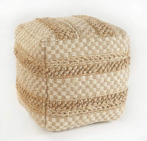 LR Home Natural/Off-White Square Ottoman Pouf for Home Decor | Striped Hand-Woven Jute Cotton Blend Square Pouf Ottoman Foot Rest for Bedroom & Living Room Decor | 18" D X 18" W X 18" H