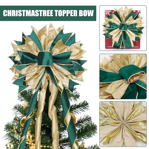 Green Gold Christmas Tree Topper, 40x13 Inches Toppers Bow with Glitter Satin Mesh Streamer and Patterned Ribbon, Christmas Tree Topper Bow for Christmas Home Decoration