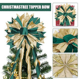 Green Gold Christmas Tree Topper, 40x13 Inches Toppers Bow with Glitter Satin Mesh Streamer and Patterned Ribbon, Christmas Tree Topper Bow for Christmas Home Decoration