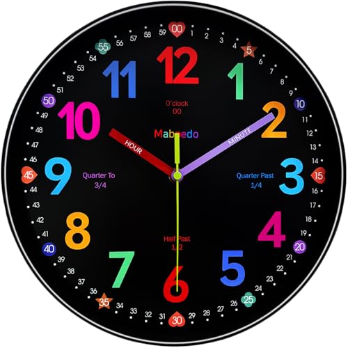 Colorful Teaching Wall Clock, 8 Inch Learning Classroom Clock, Battery Operated Silent Analog Clocks for Bedroom Classroom Decor, Homeschool Supplies Telling Time Teaching Clocks for Kids