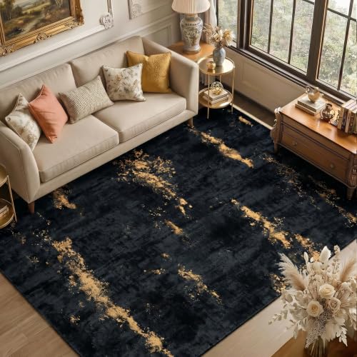 Fixwal Washable 6x9 Area Rug for Living Room, Non-Slip, Black/Gold