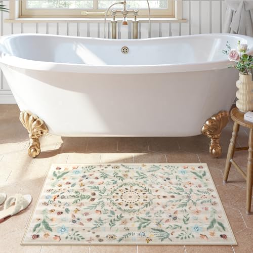 Lahome Washable Insect Botanical 2x3 Area Rugs for Entryway - Machine Washable Non-Slip Kitchen Rugs, Beige Boho Low Profile Soft Faux Wool Indoor Door Mat for Bathroom,Bedroom, Hallway