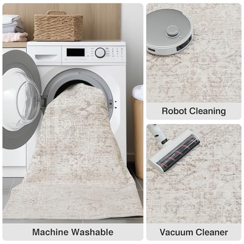 Fmfunctex 2x6 Hallway Runner Rug Beige Vintage Neutral Washable Distressed Non Slip Low Pile Traditional Indoor Carpet Soft Retro Entryway Rug for Kitchen Living Room Bedroom Bathroom Laundry Entrance