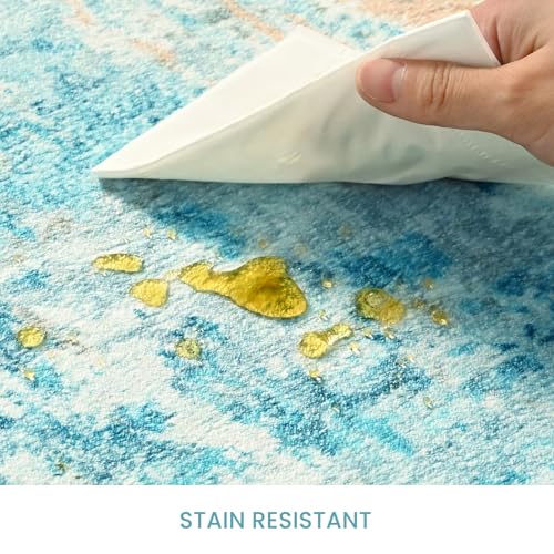 Living Room Rug 8x10 Teal Blue Area Rugs Machine Washable Abstract Boho Large Rug Non-Slip Non-Shedding Faux Wool Indoor Vintage Carpet for Bedroom, Classroom, Dining Room, Kids Playroom