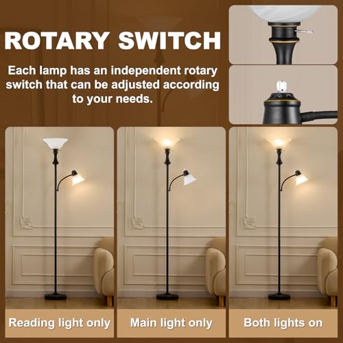 71'' Floor Lamps for Living Room, Tall Floor Lamp for Bedroom with Adjustable Angle Arc Reading lamp, Modern Torchiere Standing lamp with Glass Shade, Knob Switch, Bulb Included, Black