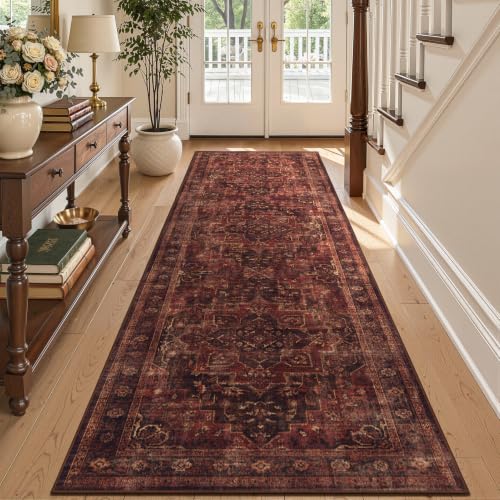 Washable Hallway Runner Rug 2.6'x8', Vintage Medallion, Dark Red