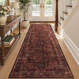 Washable Hallway Runner Rug 2.6'x8', Vintage Medallion, Dark Red
