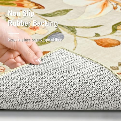 2x6 Kitchen Runner Rugs Non Slip Washable, Beige Floral Runner Rug for Hallway Bedroom Bathroom, Pet & Kids Friendly, Soft Low Pile Stain Resistant Foldable Floor Carpet