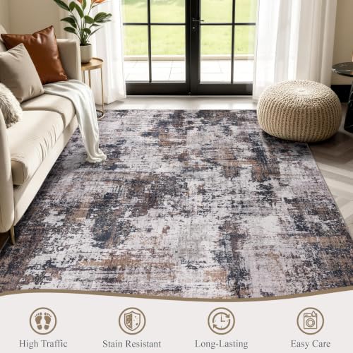 Sasttie 9x12 Washable Area Rug, Modern Abstract Large Carpet, Black & Brown
