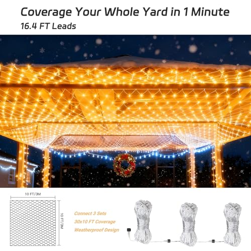Net Lights Outdoor 10x10 FT, 8 Modes Connectable Mesh Lights with Plug- Connect 3 Sets, 30×10 FT Coverage, 270 LED Christmas Warm White for Trees, Bushes, Garden, Yard Decorations