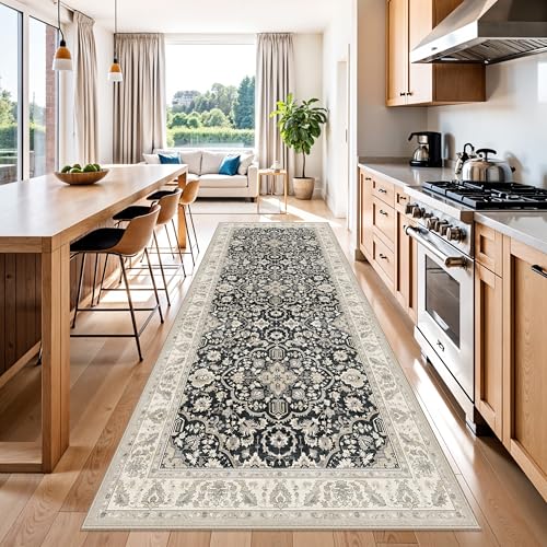 4x10 Rug Runner Non Slip: Washable Area Rugs for Wide Hallway - Soft Vintage Farmhouse Runners for Kitchen Bedroom Dining Room Living Room Entryway - Stain Resistant Low-Pile Thin Carpet Black Beige