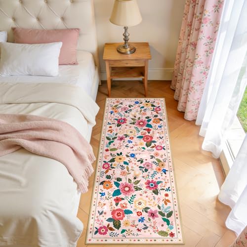 Floral Washable 2x5 Area Rugs Runner Entryway Hallway Pink