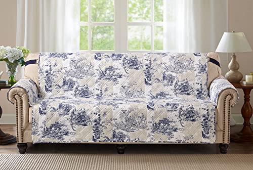 Brilliant Sunshine Blue Toile Couch Loveseat Cover, Quilted Sofa Cover for Dogs, Slip Resistant Furniture Protector with Strap, Washable Slipcover for Kids and Pets, Blue Beige (54" seat)