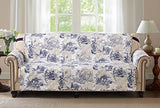 Brilliant Sunshine Blue Toile Couch Loveseat Cover, Quilted Sofa Cover for Dogs, Slip Resistant Furniture Protector with Strap, Washable Slipcover for Kids and Pets, Blue Beige (54" seat)