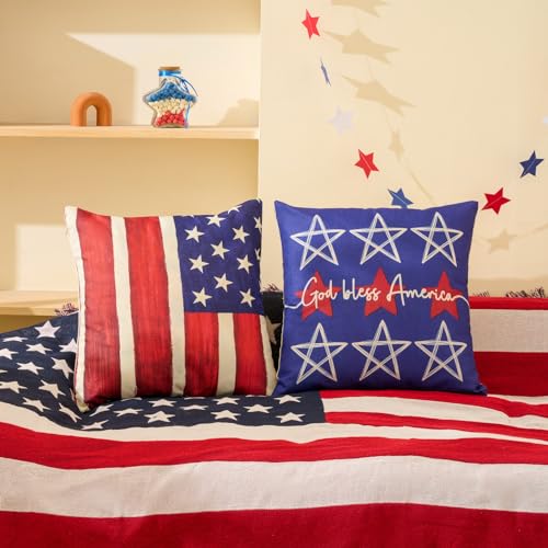 Hongsome Patriotic Decor-Throw Pillow Covers 18x18 in Set of 4,4th of July Linen Pillow Case for Independence Day,Memorial Day,Veteran's Day,USA,American Summer Outdoor Red White Blue Decorations