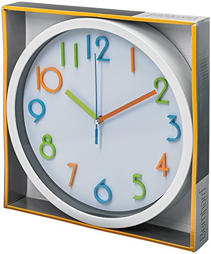 Bernhard Products Colorful Kids Wall Clock 10 Inch Silent Non Ticking Quality Quartz Battery Operated Wall Clocks, Easy to Read 3D Multi Colored Numbers Nursery Classroom Office Kitchen White Frame