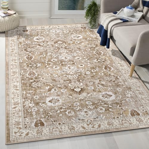 LOKHOM 3x5 Washable Area Rug, Boho Floral Non-Slip Kitchen Area Mat, Beige