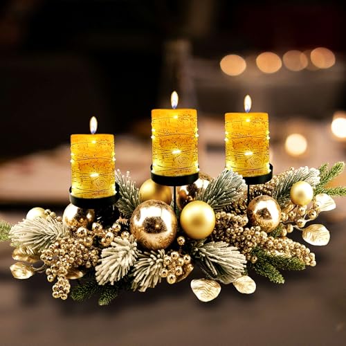YULETIME 28" Christmas Triple Candelabrum, Golden Baubles, Berries & Leaves