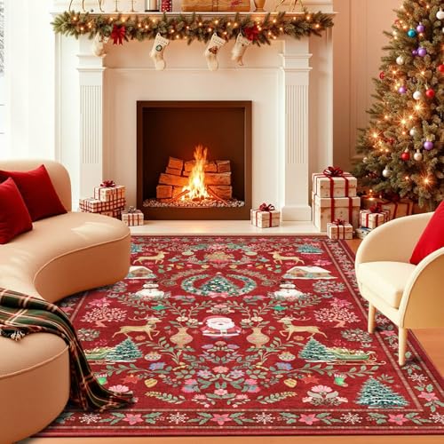 Christmas Rug 5x7 Area Rugs for Living Room Bedroom, Red
