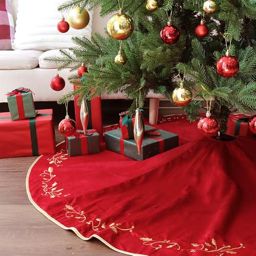 Bunny Chorus Christmas Tree Skirt, 60 Inch Red Christmas Tree, Large Rustic Velvet Fur Plush Tree Skirts, Xmas Tree Skirts with Gold Embroidered Holly Leaf for Christmas Tree Decorations