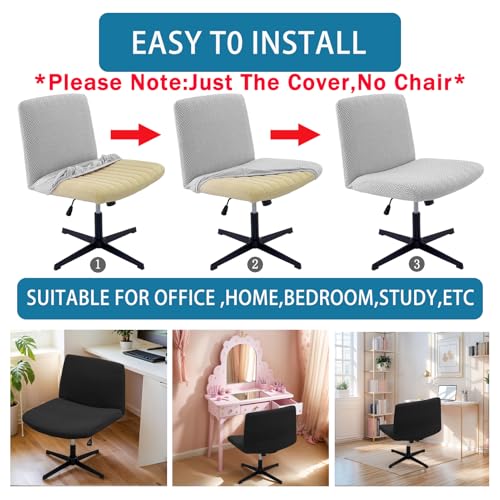Vanity Chair Cover Criss Cross Chair Cover Waterproof and Elastic Armless Chair Slipcover Armless Chair Covers Office Chair Covers (Black,Just The Cover,No Chair)