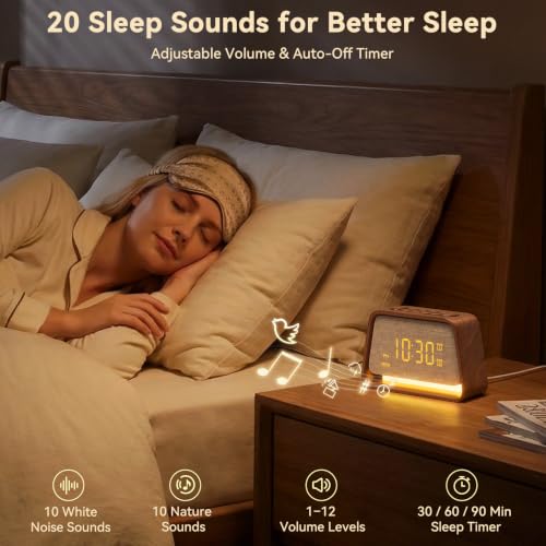 Sunrise Alarm Clock with White Noise Machine Night Light for Bedroom | 20 Sleep Sounds Machine, Digital Alarm Clock with Snooze, Gental Wake Up Light, 0–12 Volume, Deep Wooden