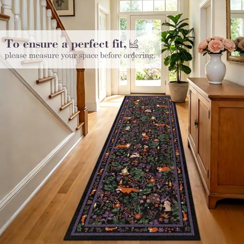 nesrt Animal Print Runner Rugs for Hallway 3x10ft Non Slip, Washable Fantasy Jungle Fox Kitchen Runners, Long Fantasy Floor Carpet for Entryway Doorway Laundry Room Decor (Black)