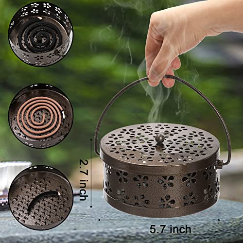 ZENFUN 2 Pack Iron Coil Holders with Lid and Handle, Bronze Incense Coil Burner with Lid, Retro Portable Coil Holder for Camp Use, Indoor, Outdoor, Fireproof, 5.7 Inches Diameter