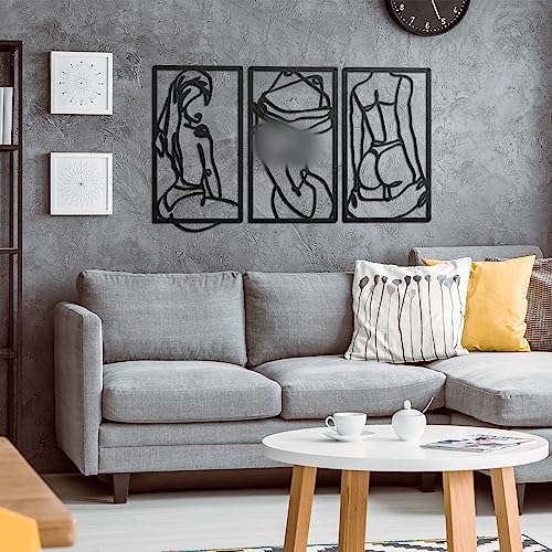 Peryiter 3 Pcs Modern Minimalist Wall Decor Abstract Metal Wall Art Metal Line Art Woman Body Artwork for Bedroom Bathroom Living Room(Black)