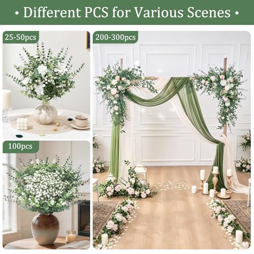 Serwalin 100 Pcs Mixed Artificial Eucalyptus Stems,Babys Breath Artificial Flowers Bulk with Faux Eucalyptus Leaves Greenery Stems for Wedding DIY Bouquets Floral Arrangement Home Decor