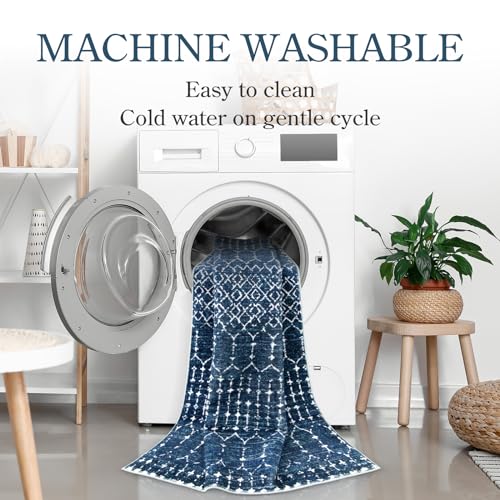 Lahome Moroccan Indoor Rugs for Entryway 2x3 Area Rug Non-Slip Backing Washable Inside Door Mats Low-Profile Throw Soft Rugs for Bathroom, Geometric Print Distressed Blue Rug for Kitchen Bedside Hana