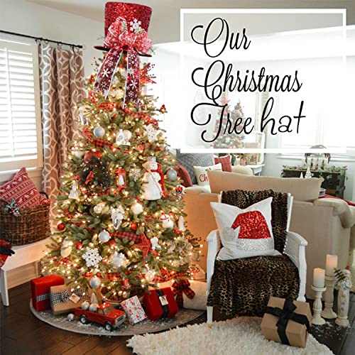 Christmas Tree Topper Hat, 2025 Red Candy Cane Bow Christmas Tree Top Toppers with 6.5ft Ribbon Light, Shiny Xmas Santa Tree Toppers Christmas Decorations for Holiday Decor