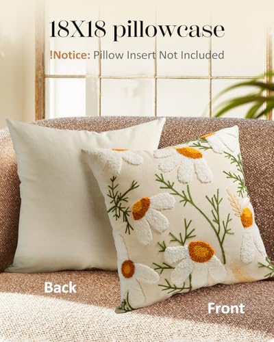 Embroidered Throw Pillow Covers 18x18 Inch - Set of 2 Summer Decorative Pillow Covers with Zipper Aesthetic Cute Design Throw Pillowcases for Couch Sofa Bed, Daisy