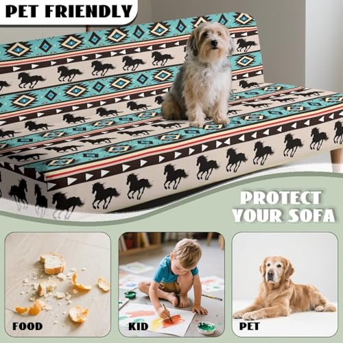 Aztec Tribal Horse Futon Covers, Armless Sofa Covers, Stretch Sofa Bed Cover, Washable Futon Slipcover Furniture Protector for Kids, Pets, Dog and Cat