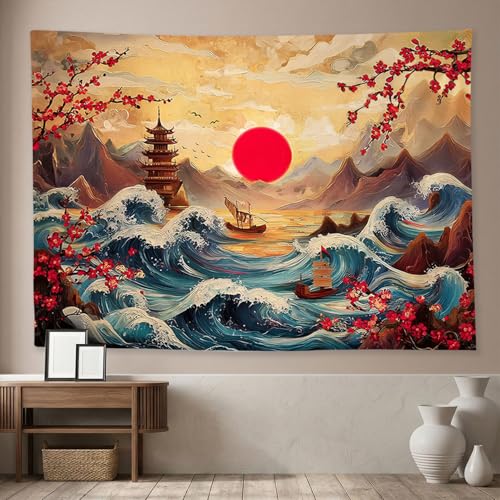 Retro Japanese Tapestry,Vintage Sun Mountain Aesthetic Landscape Tapestry Wall Hanging, Japanese Ocean Wave Sunset Landscape Wall Art, Cherry Blossom Tapestries for Bedroom Living Room 60"x 40"