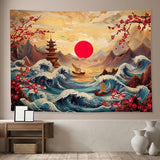 Retro Japanese Tapestry,Vintage Sun Mountain Aesthetic Landscape Tapestry Wall Hanging, Japanese Ocean Wave Sunset Landscape Wall Art, Cherry Blossom Tapestries for Bedroom Living Room 60"x 40"