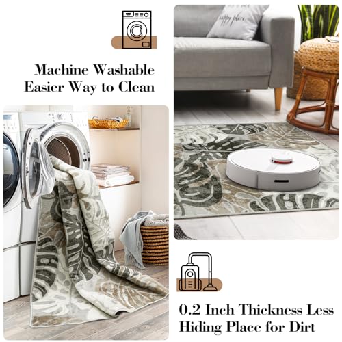 Wonnitar Tropical Washable Rugs 2x3, Non-Slip Leaf Rugs for Entryway Front Door Indoor Entrance, Monstera Plant Bath Mat Soft Low Pile Area Carpets for Bathroom Bedroom Decor, Khaki