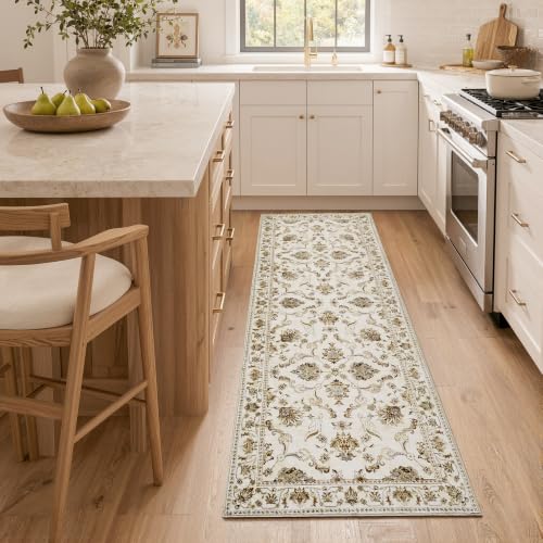 jinchan 2x6 Traditional Floral Runner Rug, Washable Rug, Oatmeal Rust